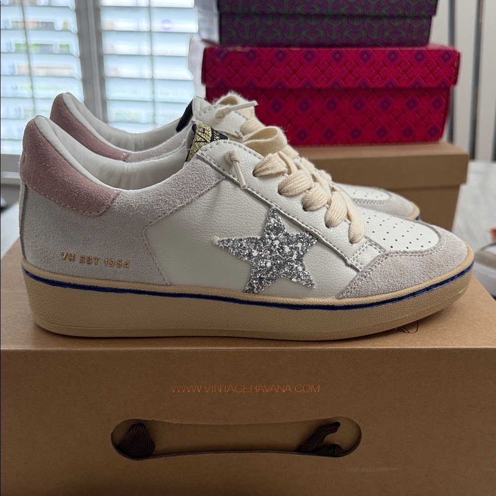 Vintage Havana Women's White and Pink Glitter Star Sneakers